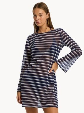 Sea Level Striped Navy and White Sheer Swim Cover-Up Dress